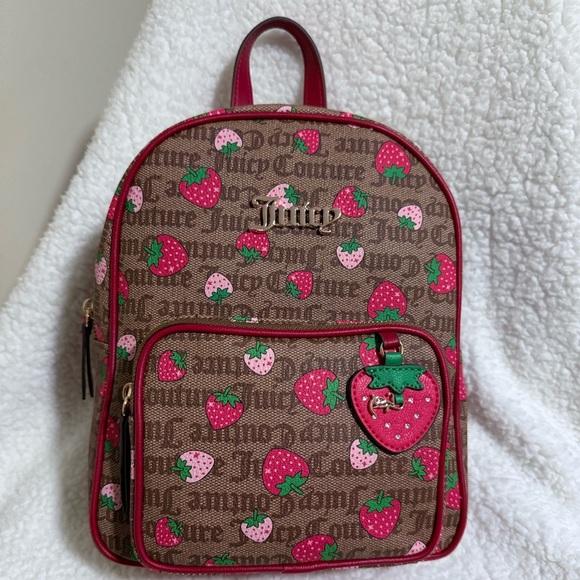Juicy Couture Handbags - NWT Juicy Couture “Freshly Picked” Strawberry Pattern Backpack in Red/Brown